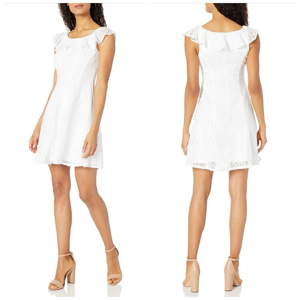 SANDRA DARREN 10 Lace Ruffle Dress White Textured Sleeveless Stretch Knee Length